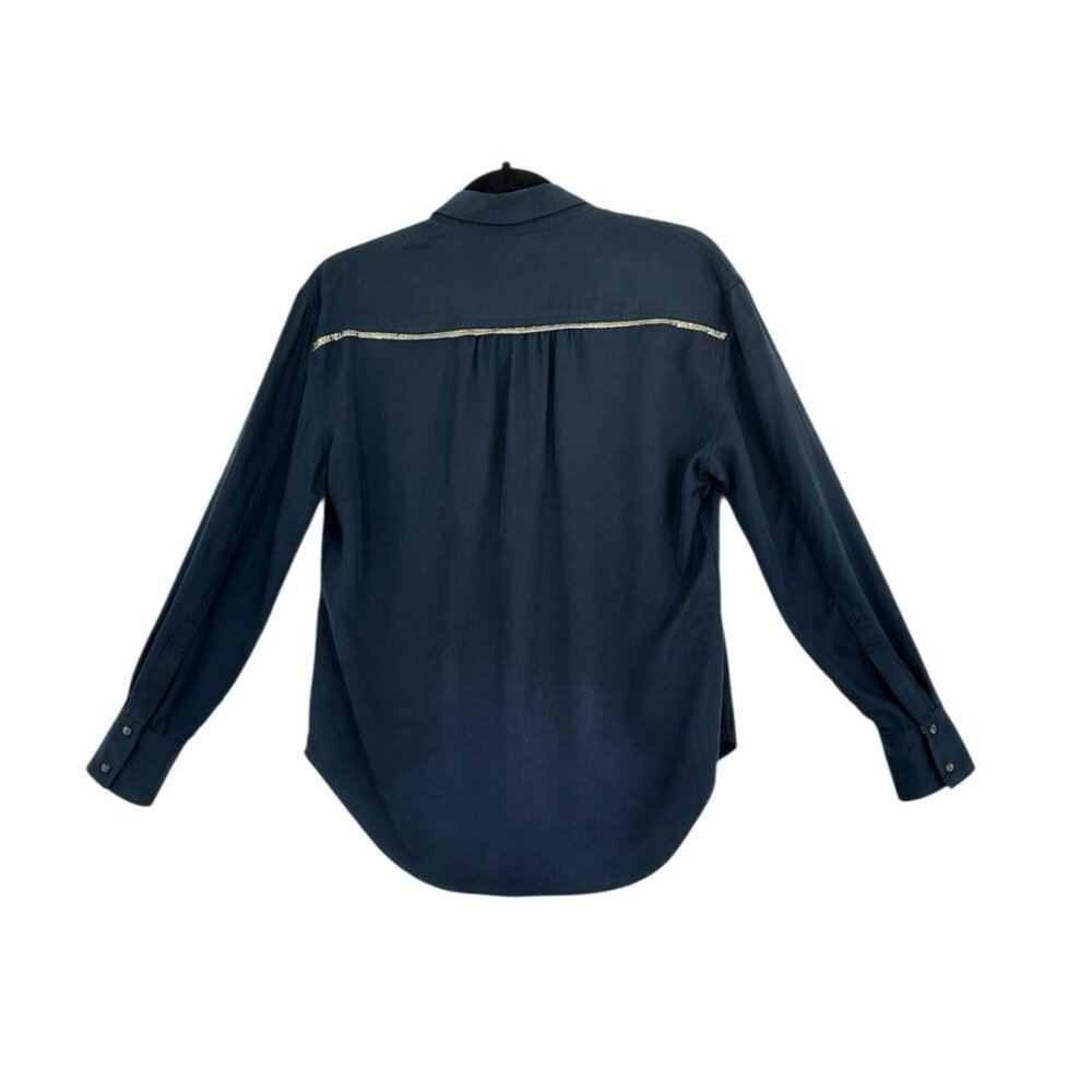Free People Off Campus Navy Blue Metallic Button Down Shirt - Picture 7 of 8